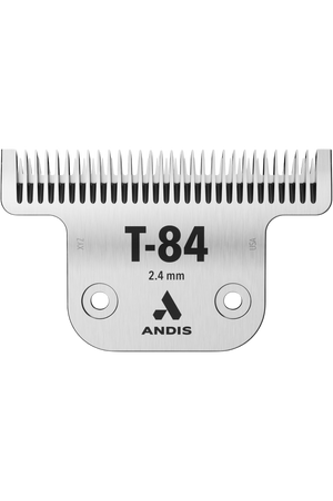 Detachable blade for Andis clippers, marked with the number t-84 and a thickness of 2.4 mm, predominantly silver in color with the Andis logo.