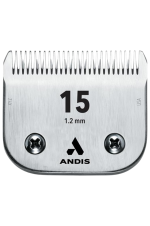 Detachable blade for Andis clippers, marked with the number 15 and a thickness of 1.2 mm, predominantly silver in color with the Andis logo.
