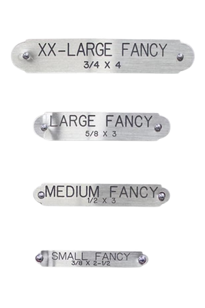 A set of four chrome fancy plates in different sizes with clear and deep engraved text and edges, displayed against a white background.