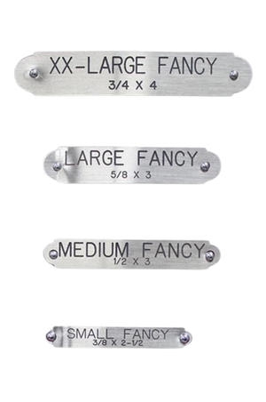 A set of four chrome fancy plates in different sizes with clear and deep engraved text and edges, displayed against a white background.
