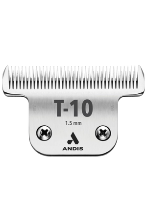 Detachable blade for Andis clippers, marked with the number t-10 and a thickness of 1.5 mm, predominantly silver in color with the Andis logo.