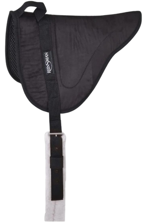 A Reinsman bareback contoured pad with a geometric pattern in red, blue, and black colors, featuring a non-slip bottom and a contoured shape designed for horse comfort.