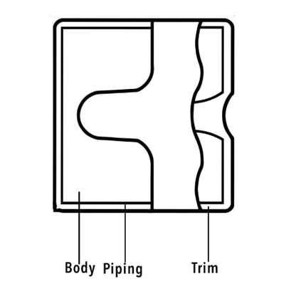 Diagram of a plumbing fitting labeled 'Body Piping' and 'Trim' on a white background.