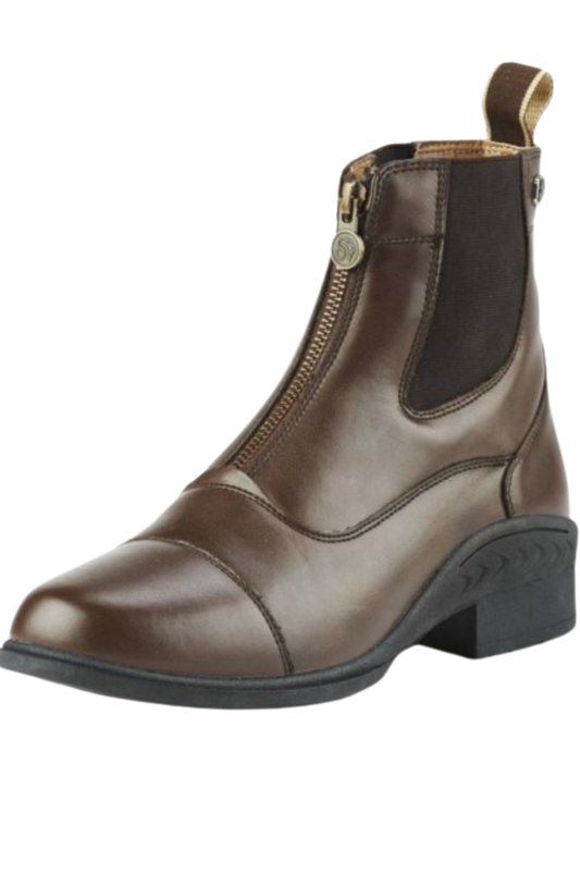 Brown leather boot with a zipper on a white background