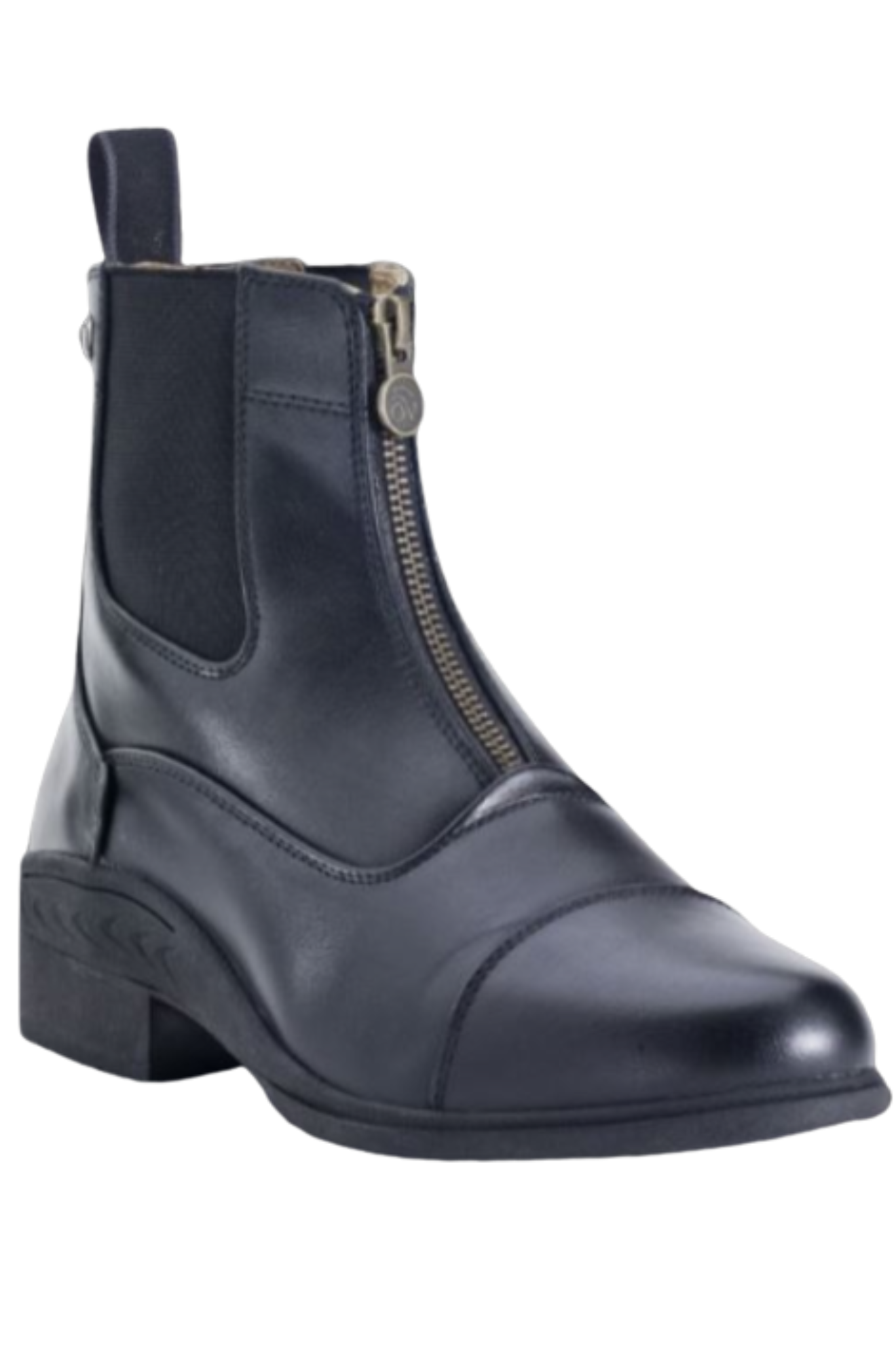 Navy leather boot with a zipper on a white background