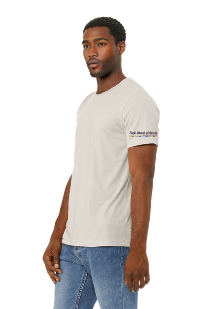 Man wearing a white t-shirt with text on the sleeve against a white background