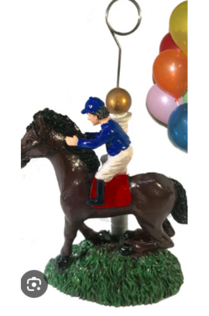 A resin and metal photo and balloon holder featuring a horse and jockey figure with a wire holder for hanging balloons.