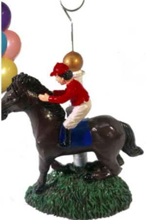 A resin and metal photo and balloon holder featuring a horse and jockey figure with a wire holder for hanging balloons.