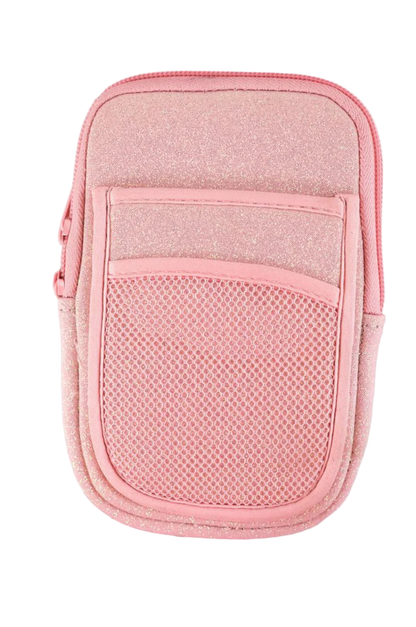 A black fabric tumbler pouch with a simply southern logo