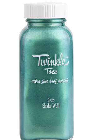 A collection of bottles in various colors labeled 'TWINKLE TOES', indicating a variety of glitter solutions for horse hooves.
