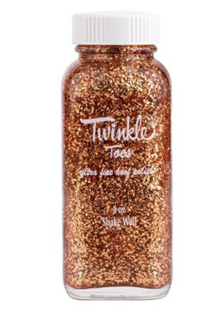 A collection of bottles in various colors labeled 'TWINKLE TOES', indicating a variety of glitter solutions for horse hooves.