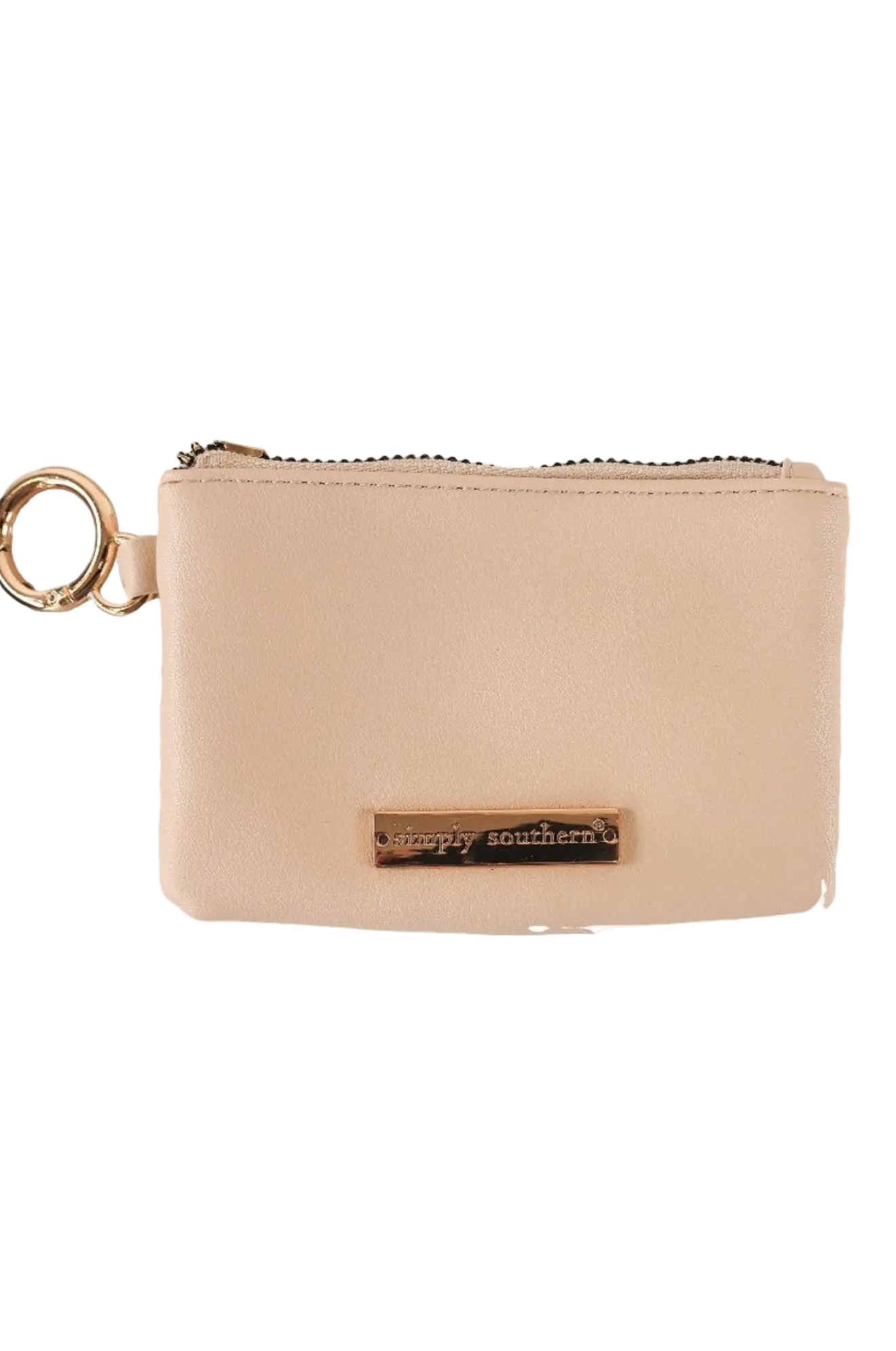 A brown faux leather coin purse with a zipper closure and a metal key ring attached.