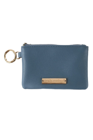 A brown faux leather coin purse with a zipper closure and a metal key ring attached.