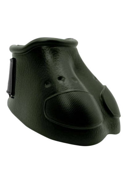 A green bell boot designed to protect a horse's hoof.
