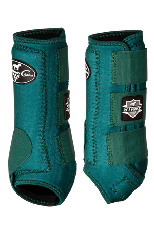 A pair of black front boots for horses, featuring a suspensory strap and velcro closure.