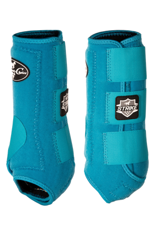 A pair of black front boots for horses, featuring a suspensory strap and velcro closure.