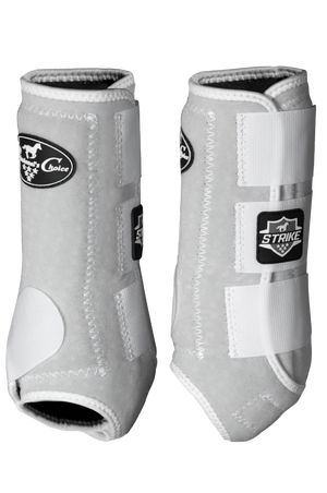 A pair of black front boots for horses, featuring a suspensory strap and velcro closure.
