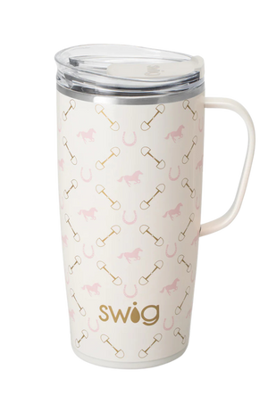 A white SWIG life travel mug with a multicolored pattern of horses, checkered flags, and other equestrian equipment, featuring a pink metal handle and lid.