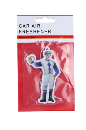 A packaged car air freshener with a standing jockey figure on the front.