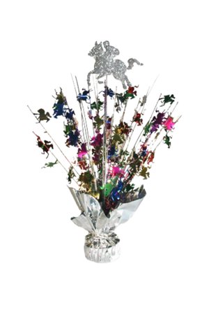 A decorative centerpiece featuring a silver glittered horse and jockey with attached Mylar die cuts, designed for use as a balloon weight or tablecloth anchor for Kentucky Derby or equestrian-themed events.