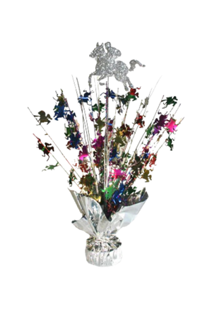 A decorative centerpiece featuring a silver glittered horse and jockey with attached Mylar die cuts, designed for use as a balloon weight or tablecloth anchor for Kentucky Derby or equestrian-themed events.