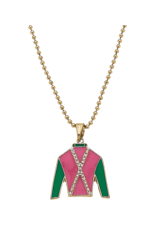 A gold-plated pendant with a racing silk design, featuring pink and green colors, attached to a gold-plated chain.