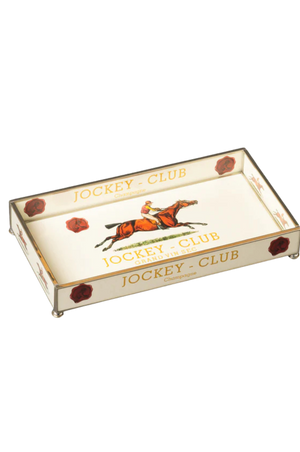 A rectangular silver serving tray with the Jockey Club logo and a depiction of a horse and jockey in the center, surrounded by red and gold decorative elements.