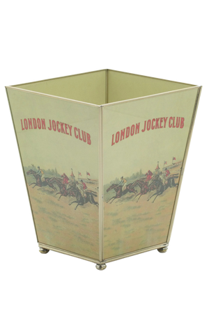 A beige waste bin with the 'London Jockey Club' printed on it, featuring illustrations of horses and jockeys.