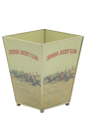 A beige waste bin with the 'London Jockey Club' printed on it, featuring illustrations of horses and jockeys.