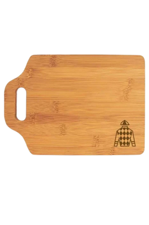 A beige bamboo cutting board with a handle detail featuring a jockey jersey design.