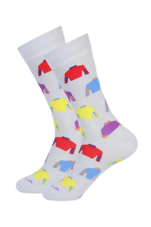 A pair of grey socks with colorful horse racing silks patterns.