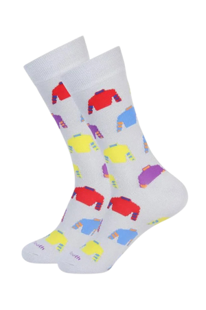 A pair of grey socks with colorful horse racing silks patterns.