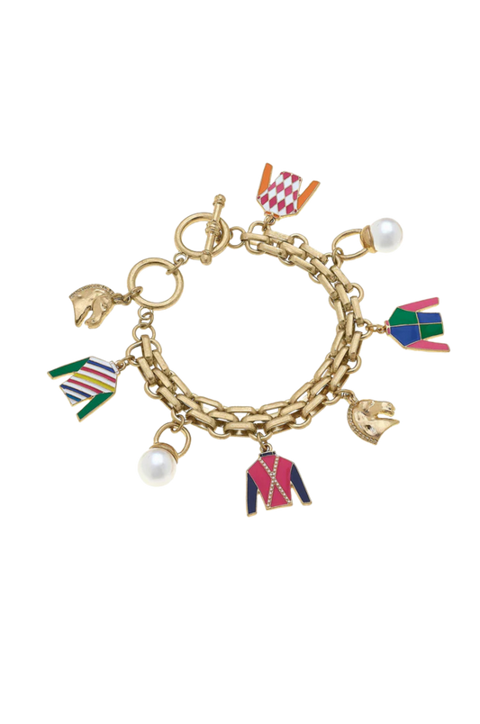 A gold-plated bracelet with multiple colorful enamel charms, some shaped like jockey silks and others like horse heads, attached to a loop chain.