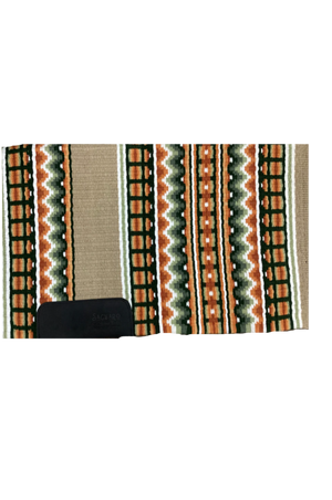 A equestrian saddle show pad with a geometric pattern in multiple colors including orange, green, and white.