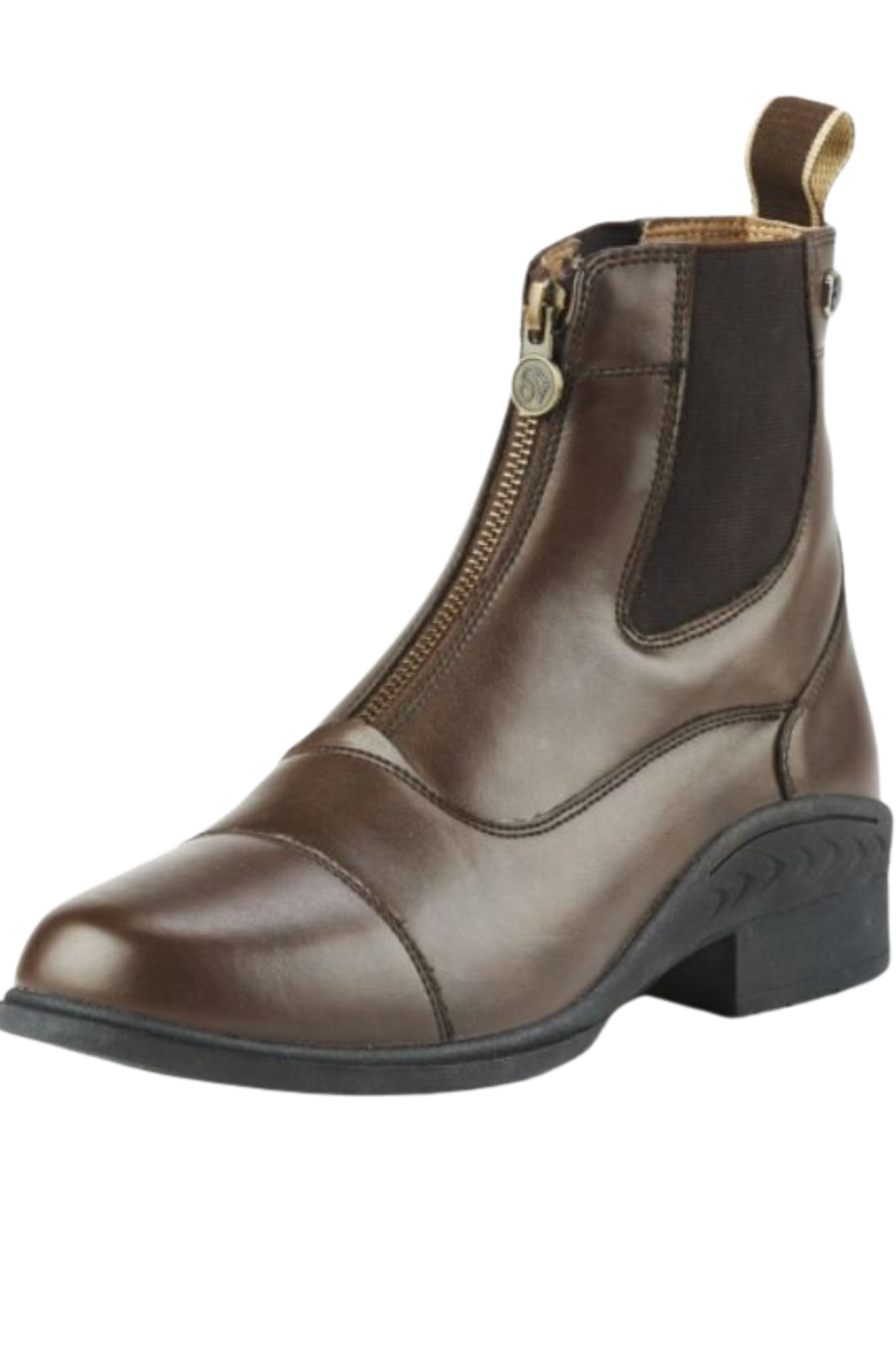 Brown leather boot with a zipper on a white background