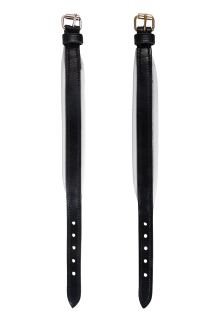Two black leather straps with gold buckles on a white background