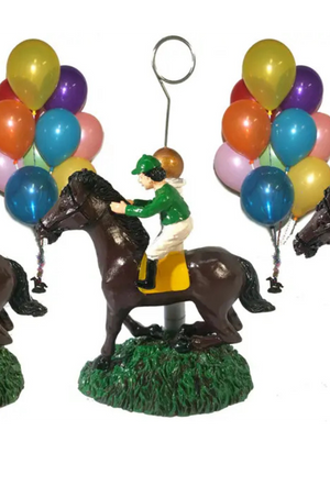 A resin and metal photo and balloon holder featuring a horse and jockey figure with a wire holder for hanging balloons.