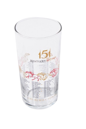 A clear mint julep glass with the Kentucky Derby 151 logo and past winners listed. The glass is 12 oz and has a gold and red design.