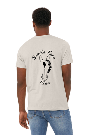 Person wearing a white t-shirt with 'Bonita Farm Titan' design on the back, standing against a white background.