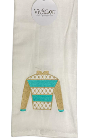 A white hand towel with a jockey outfit design in blue and brown details at the bottom.