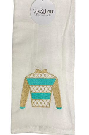 A white hand towel with a jockey outfit design in blue and brown details at the bottom.