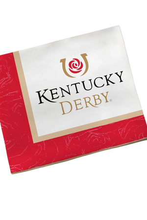 A pack of Kentucky Derby themed paper napkins with a red and white color scheme and the Kentucky Derby logo printed on them.