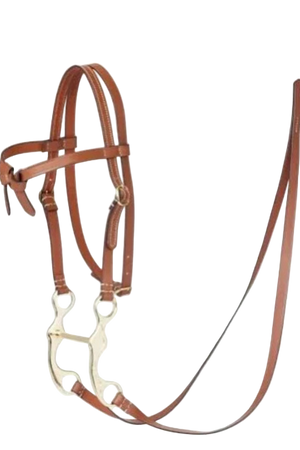 A brown hobby horse western bridle with a metallic bit and leather straps.