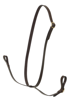 A brown standing martingale for a hobby horse, featuring a looped strap with buckles.