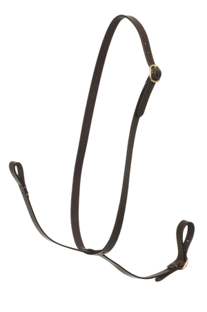 A brown standing martingale for a hobby horse, featuring a looped strap with buckles.