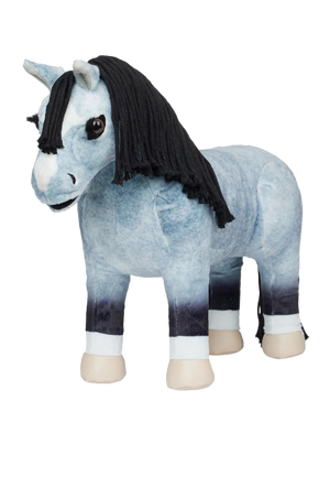 A plush toy representing a gray pony with a black mane and tail.