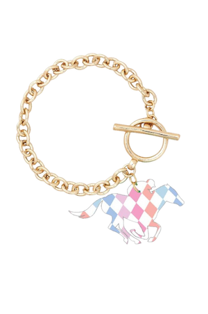 A gold chain link bracelet with a toggle clasp and a charm featuring a bright diamond pattern.