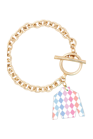 A gold chain link bracelet with a toggle clasp and a charm featuring a bright diamond pattern.