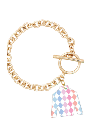 A gold chain link bracelet with a toggle clasp and a charm featuring a bright diamond pattern.