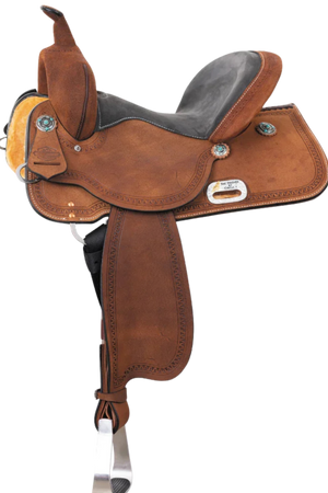 Brown leather saddle with black interior on a white background